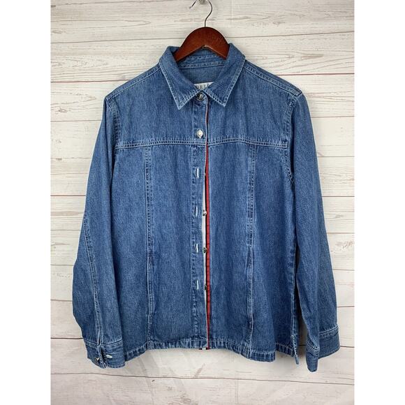 Norton Studio Woman Plus Sz 16 Blue Jean Denim Jacket Red White Trim Buttons - Picture 1 of 5